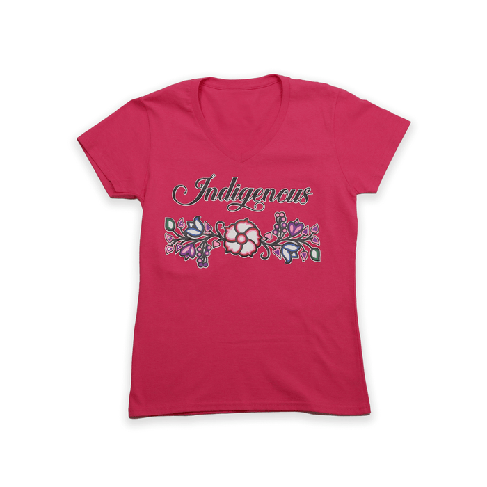 Indigenous Floral V-Neck T-shirt featuring a vibrant floral design on a pink background.