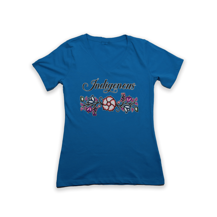 Indigenous Floral V-Neck T-shirt featuring a colorful and culturally rooted floral design on a blue background.