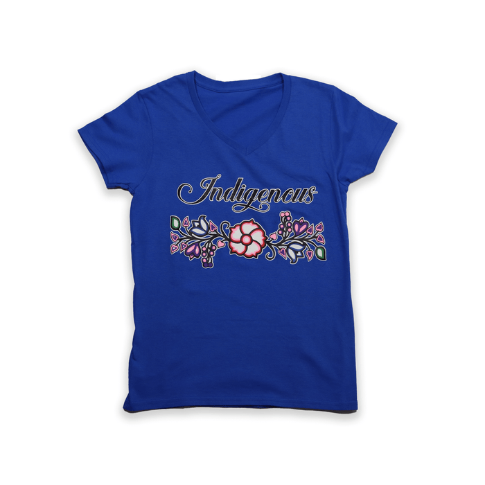 Indigenous Floral V-Neck T-shirt with vibrant floral design on a blue background, perfect for everyday wear.