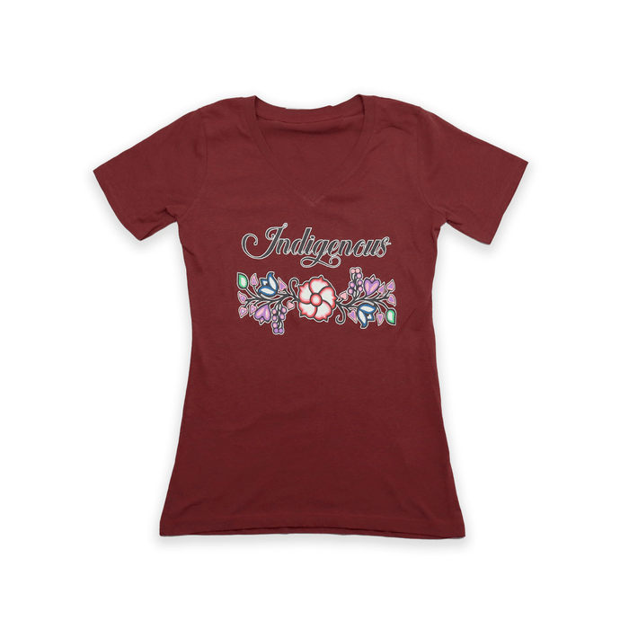 Indigenous Floral V-Neck T-shirt featuring a vibrant floral design in maroon, celebrating cultural traditions.