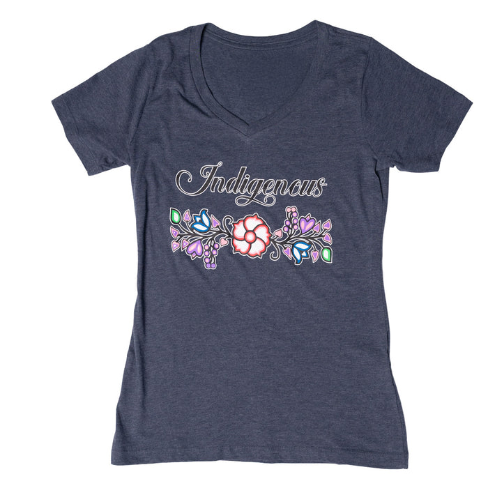 Indigenous Floral V-Neck T-shirt featuring a colorful floral design on a dark background, showcasing cultural storytelling.