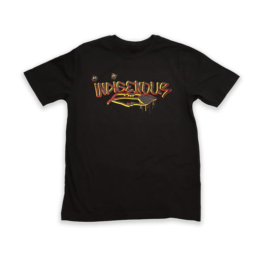 Indigenous Graffiti Unisex Tee featuring a bold, graffiti-style design on a black t-shirt.