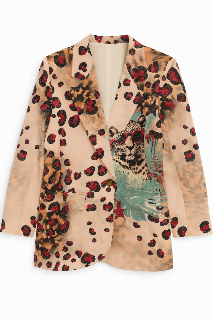 Italian Leopard Mix Printed Blazer with a colorful animal print design, sharp lapel collar, and playful leopard graphic detail.