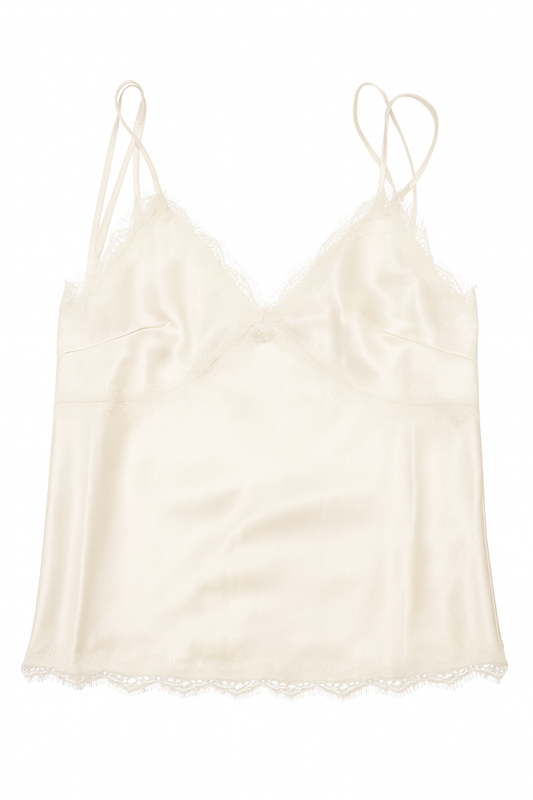 Ivory satin cami top with delicate lace trim at the neckline and hem and slim adjustable straps.