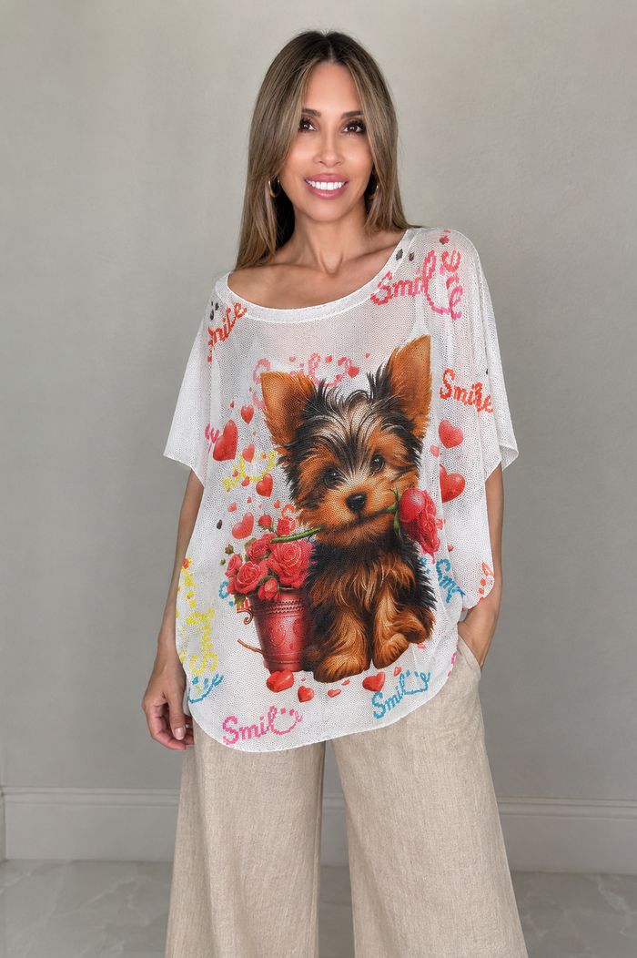 Ivory open-knit graphic top featuring an oversized Yorkie puppy illustration with red heart and rose accents.