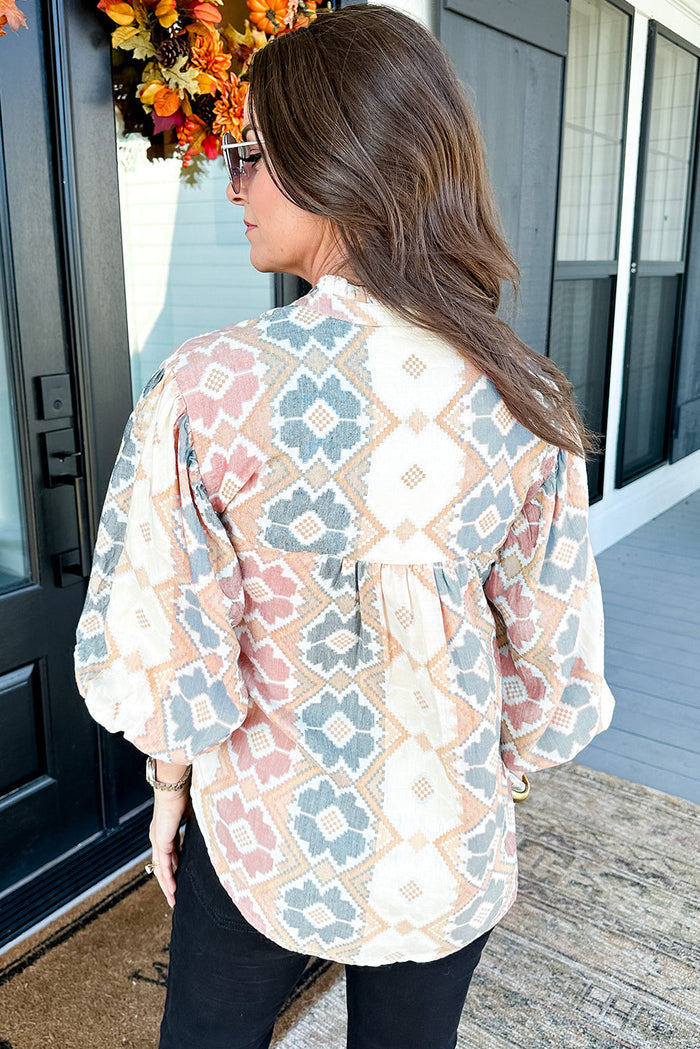 Khaki Geometric Print Tassel Tie Split Neck Balloon Sleeve Blouse - Tops/Blouses & Shirts