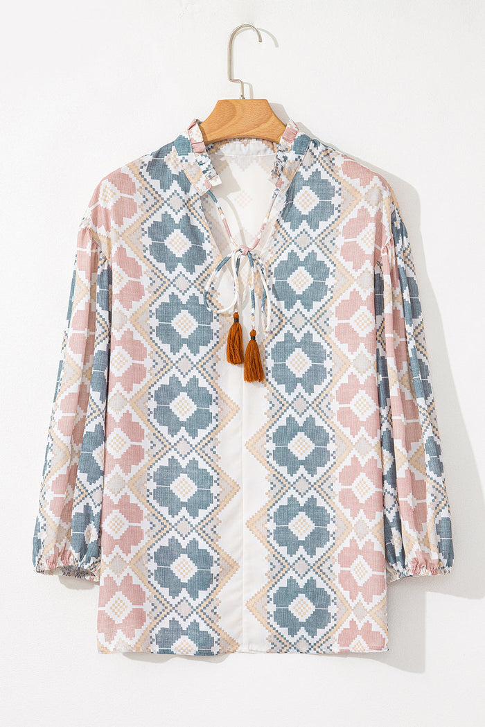 Khaki Geometric Print Tassel Tie Split Neck Balloon Sleeve Blouse - Tops/Blouses & Shirts
