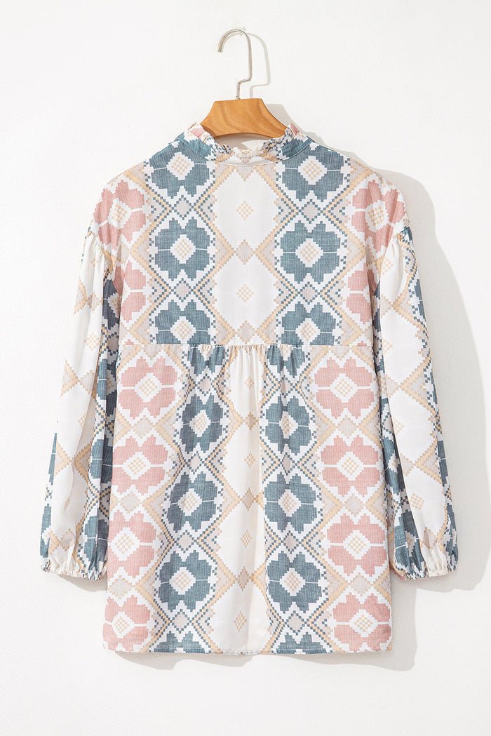 Khaki Geometric Print Tassel Tie Split Neck Balloon Sleeve Blouse - Tops/Blouses & Shirts