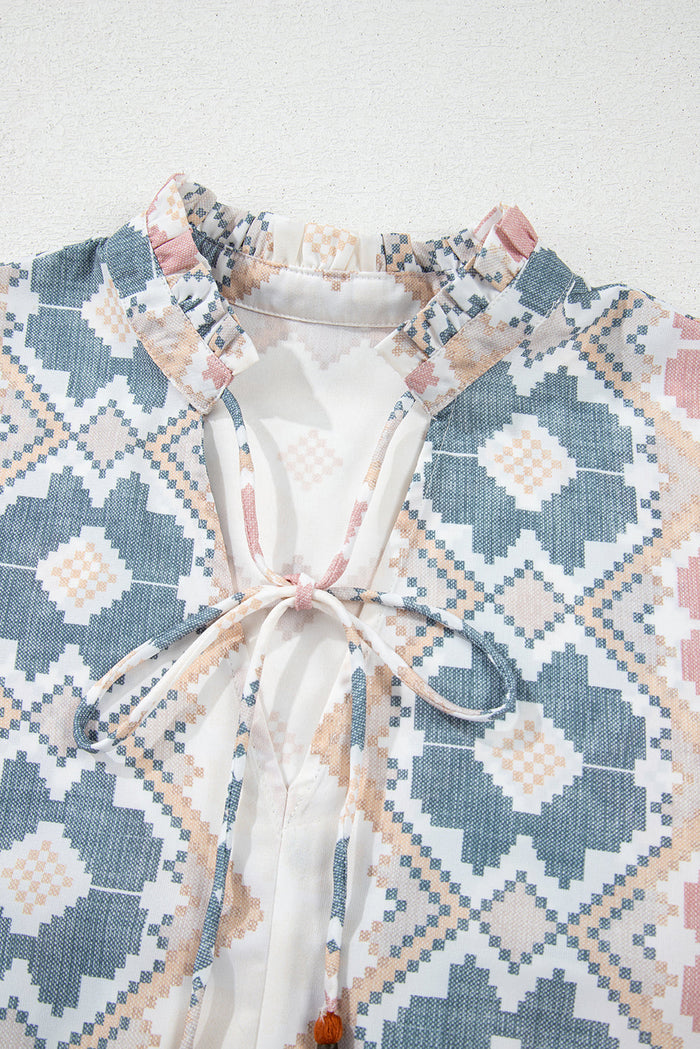 Khaki Geometric Print Tassel Tie Split Neck Balloon Sleeve Blouse - Tops/Blouses & Shirts