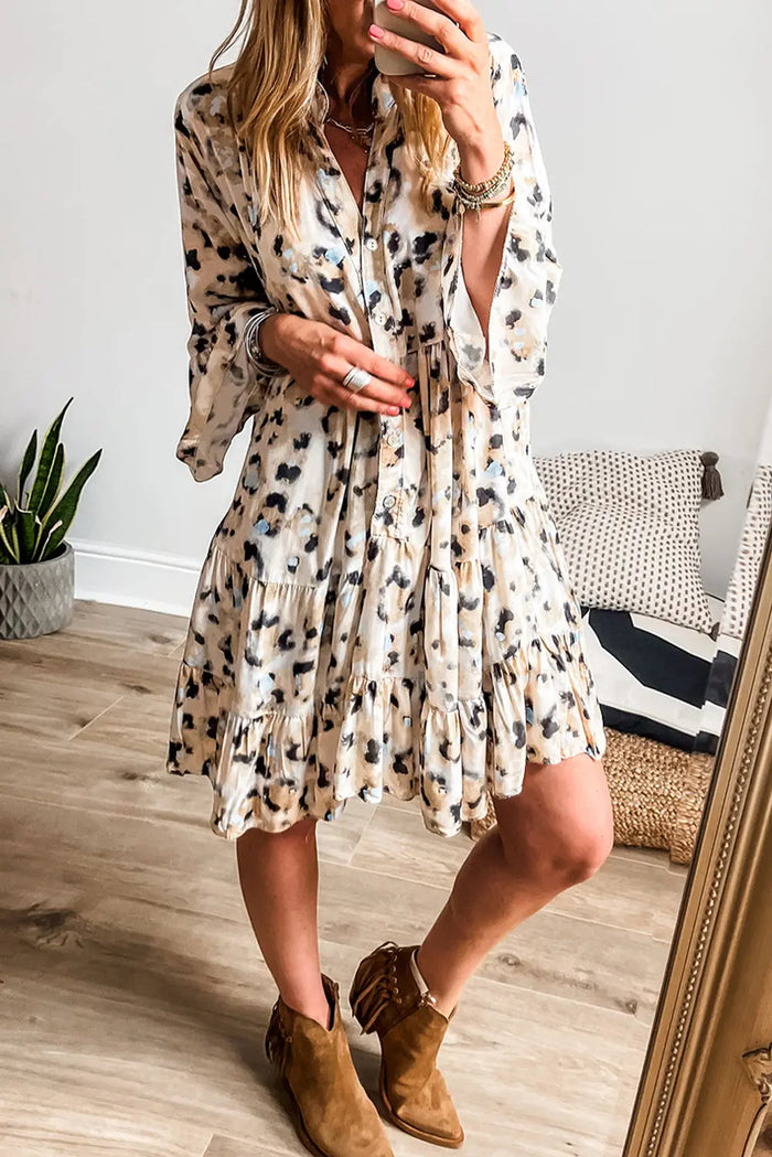 Khaki Leopard Print Buttoned Front 3/4 Sleeve Tiered Ruffled Hem Dress - KHAKI / S / 100% POLYESTER - Dresses/Mini