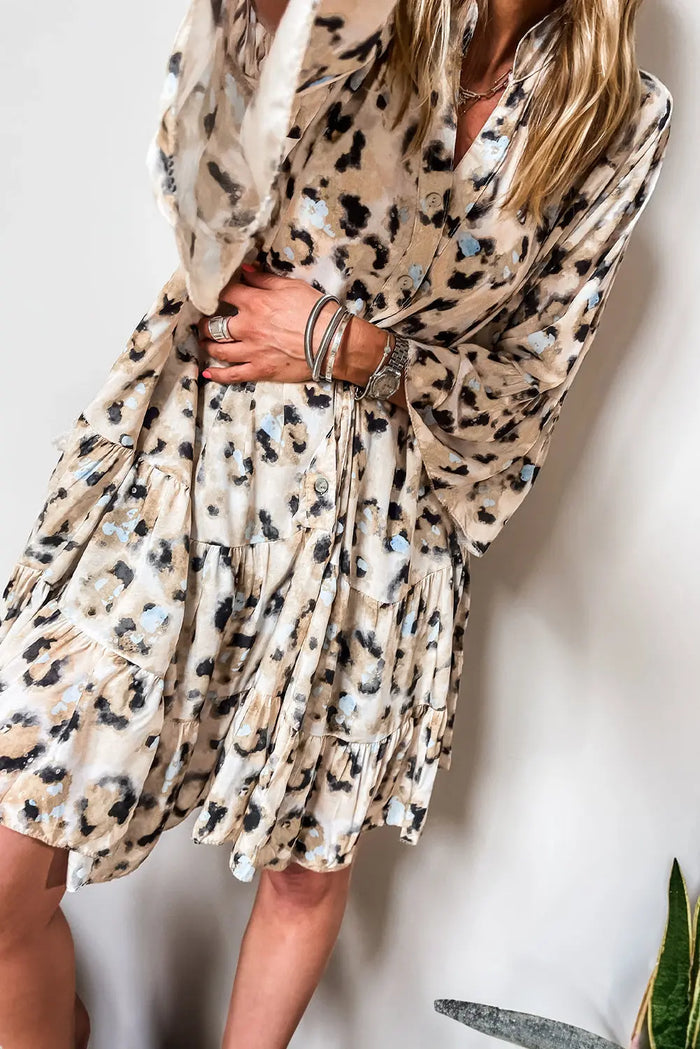 Khaki Leopard Print Buttoned Front 3/4 Sleeve Tiered Ruffled Hem Dress - Dresses/Mini Dresses
