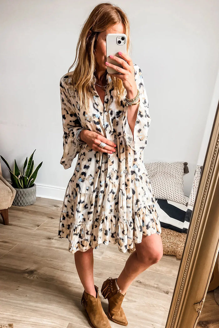 Khaki Leopard Print Buttoned Front 3/4 Sleeve Tiered Ruffled Hem Dress - Dresses/Mini Dresses