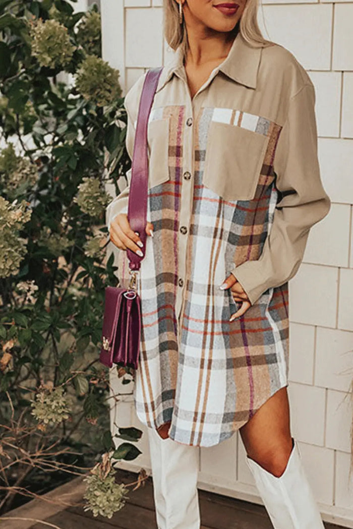 Khaki Plaid Patchwork Long Sleeve Shirt Mini Dress - KHAKI / S / 100% POLYESTER - Dresses/Mini Dresses