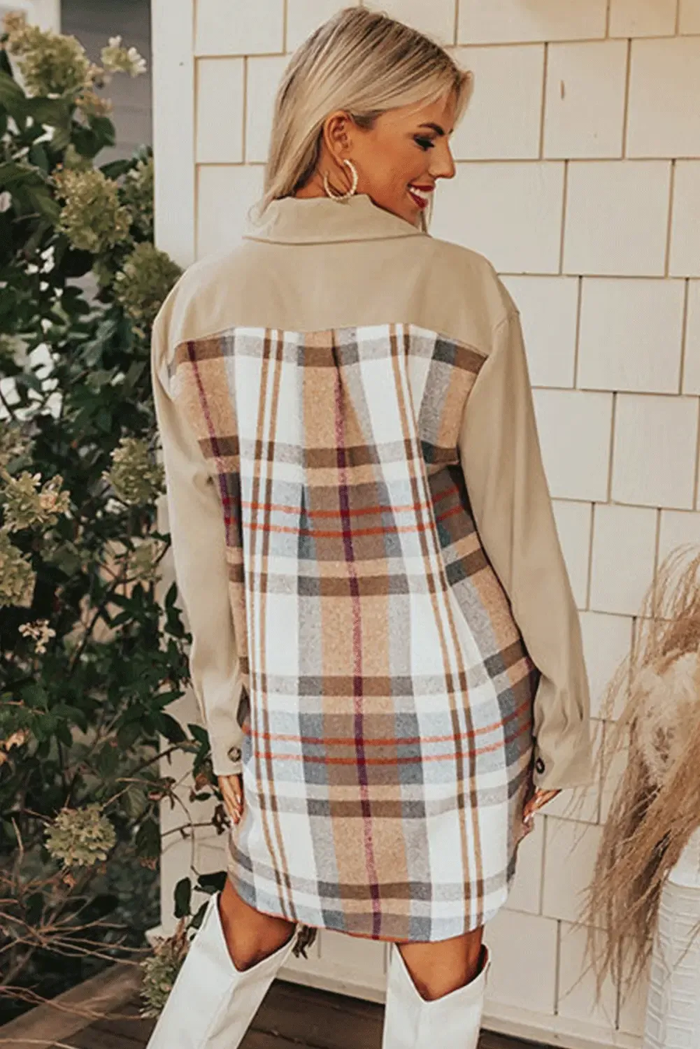 Khaki Plaid Patchwork Long Sleeve Shirt Mini Dress - Dresses/Mini Dresses