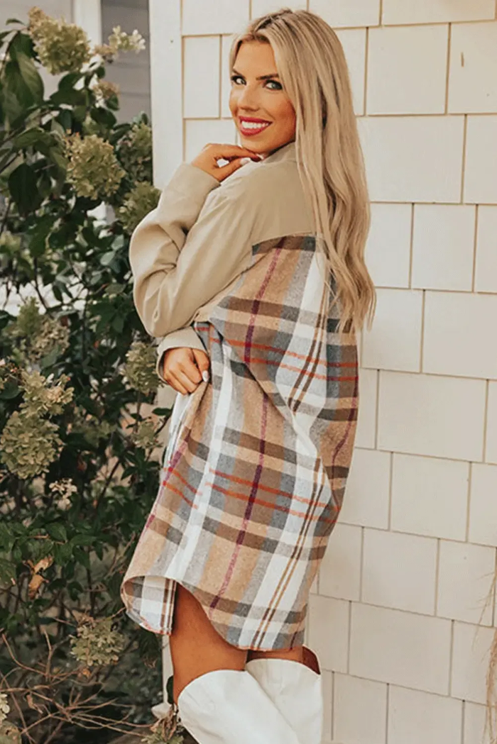 Khaki Plaid Patchwork Long Sleeve Shirt Mini Dress - Dresses/Mini Dresses