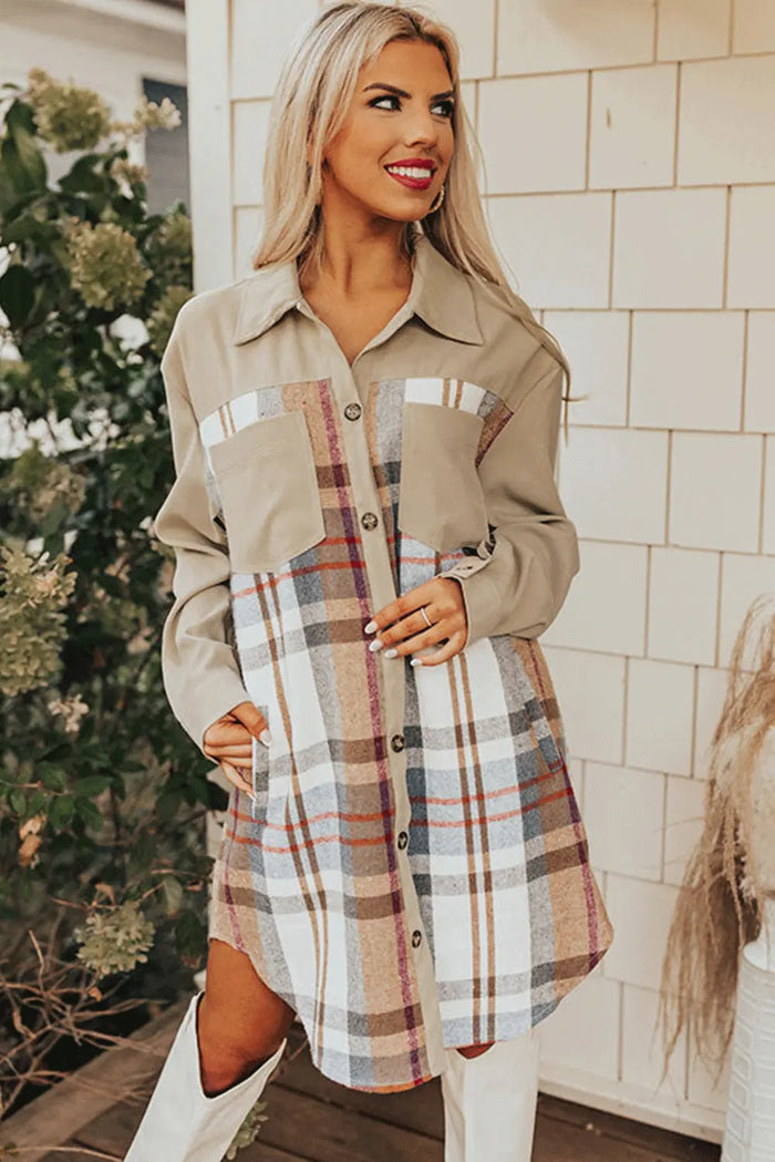 Khaki Plaid Patchwork Long Sleeve Shirt Mini Dress - Dresses/Mini Dresses