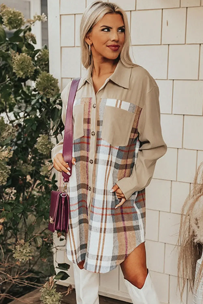 Khaki Plaid Patchwork Long Sleeve Shirt Mini Dress - Dresses/Mini Dresses