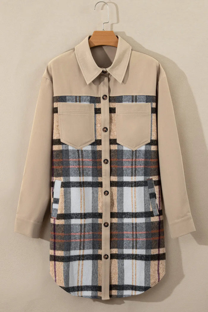Khaki Plaid Patchwork Long Sleeve Shirt Mini Dress - Dresses/Mini Dresses