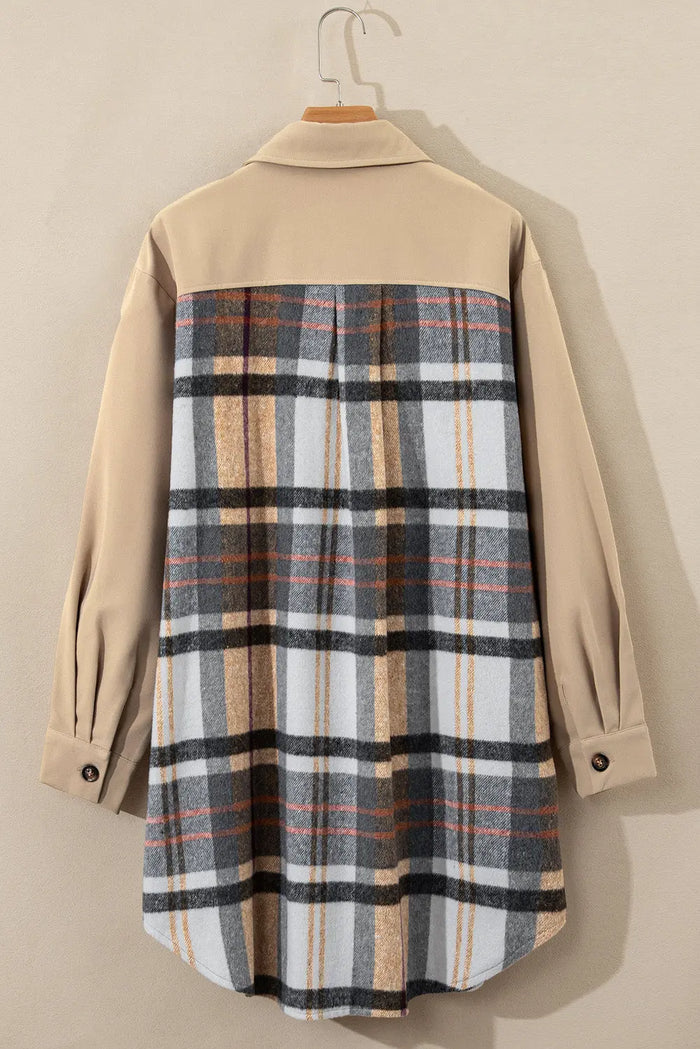 Khaki Plaid Patchwork Long Sleeve Shirt Mini Dress - Dresses/Mini Dresses