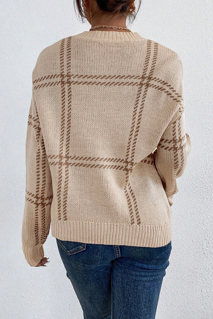 Khaki Plaid Pattern Knitted Drop Shoulder Sweater - Sweaters & Cardigans/Sweaters