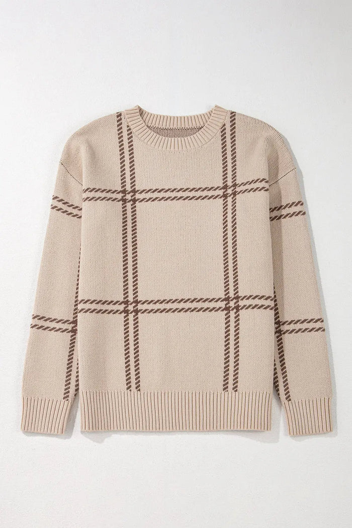 Khaki Plaid Pattern Knitted Drop Shoulder Sweater - Sweaters & Cardigans/Sweaters
