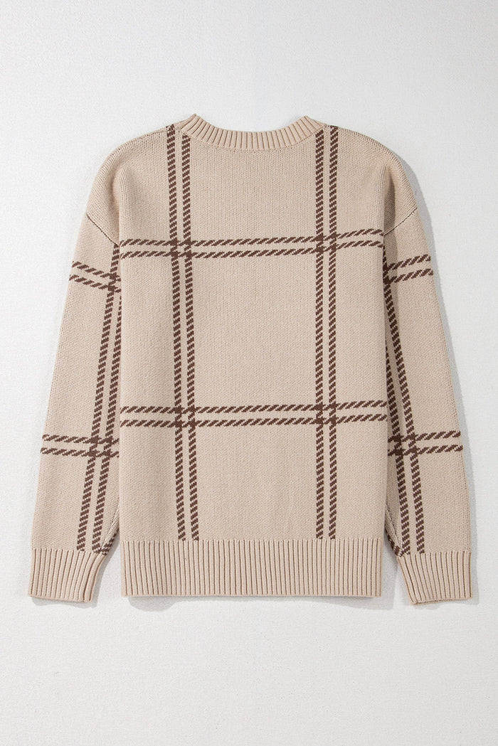 Khaki Plaid Pattern Knitted Drop Shoulder Sweater - Sweaters & Cardigans/Sweaters