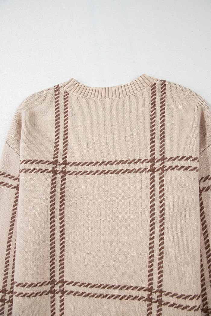 Khaki Plaid Pattern Knitted Drop Shoulder Sweater - Sweaters & Cardigans/Sweaters
