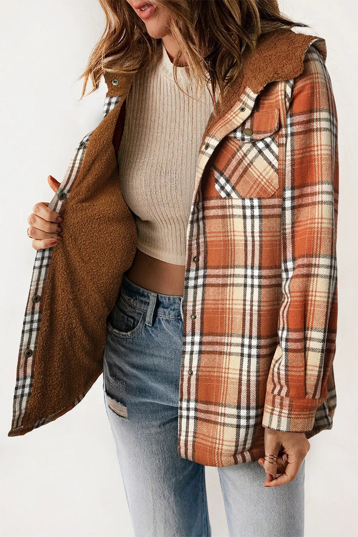 Khaki Plaid Pattern Sherpa Lined Hooded Shacket - Outerwear/Plaid Shackets