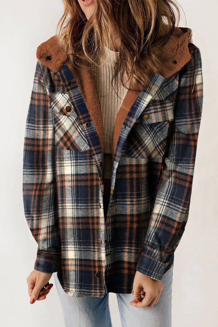 Khaki Plaid Pattern Sherpa Lined Hooded Shacket - BLUE-2 / S / 100% POLYESTER - Outerwear/Plaid Shackets