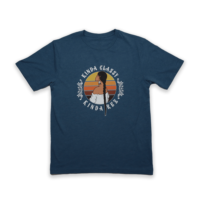 Kinda Classy Kinda Rez Tee in navy blue featuring a graphic design with sunset colors.