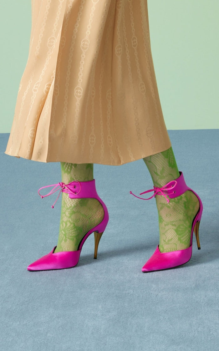 Gucci Lace - up Pink Satin Pump - Runway Catalog