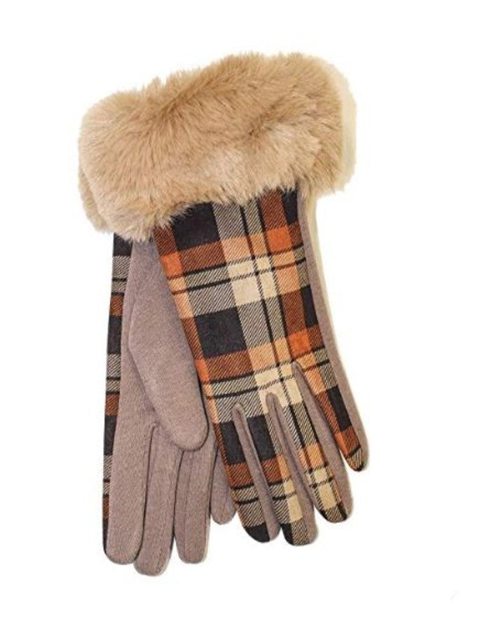 Ladies Faux Fur Trim Gloves- Camel Box Check #color_camel-box-check