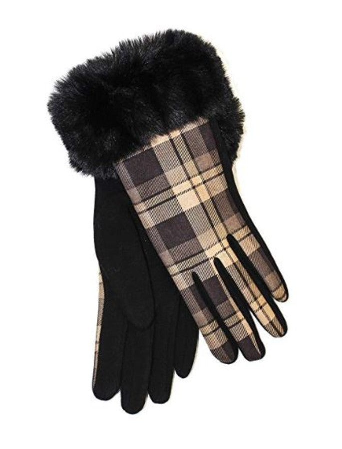 Ladies Faux Fur Trim Gloves- Black Box Check #color_black-box-check