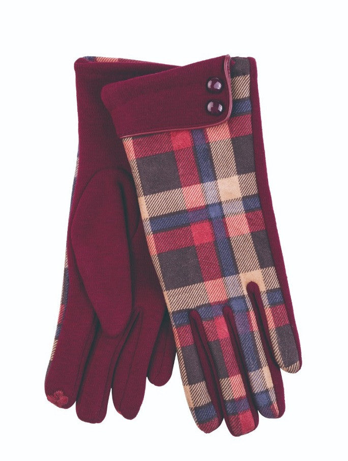 Ladies Tweed Button Cuff Gloves- Oxblood Check #color_oxblood-check