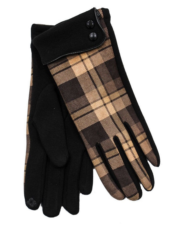 Ladies Tweed Button Cuff Gloves- Black Check #color_black-check