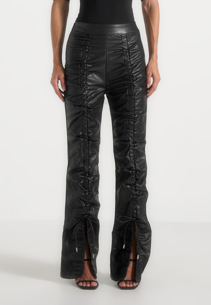 vegan-leather-ruched-trousers-black