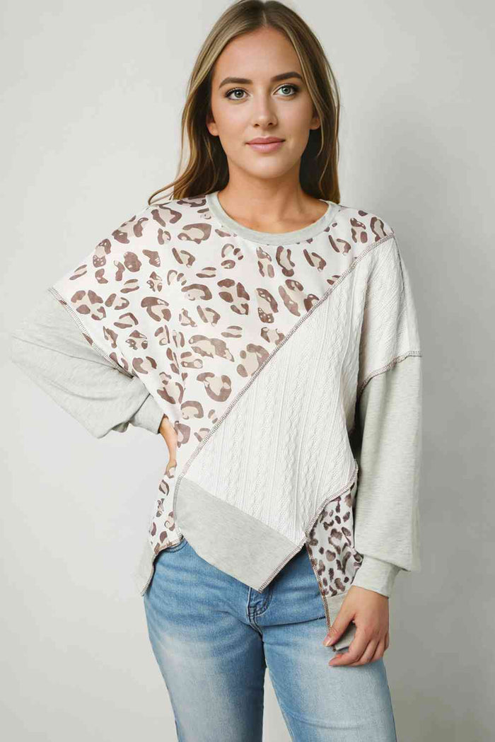 Leopard Exposed Seams Round Neck Sweatshirt - Madikfashions.com