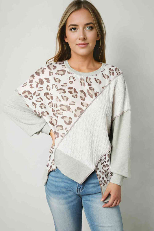 Leopard Exposed Seams Round Neck Sweatshirt - Madikfashions.com