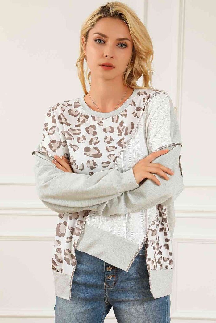 Leopard Exposed Seams Round Neck Sweatshirt - Madikfashions.com