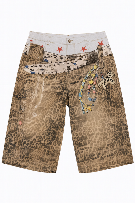 Leopard print Bermuda shorts with a printed belt illusion and playful graphic charm details.