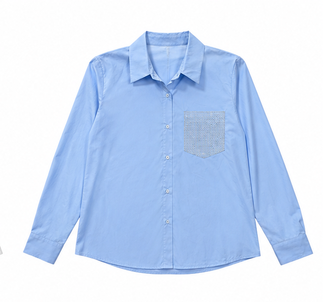 Light Blue Crystal Pocket Long Sleeve Top - Born To Glam