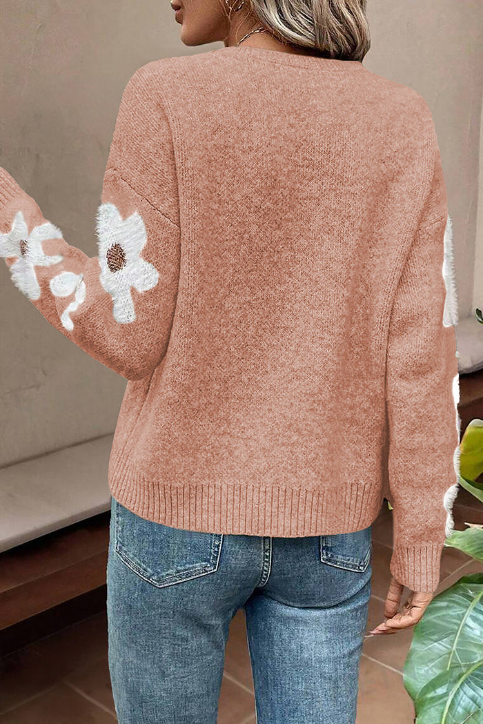 Light Grey Flower Sleeve Drop Shoulder Sweater - Sweaters & Cardigans/Sweaters