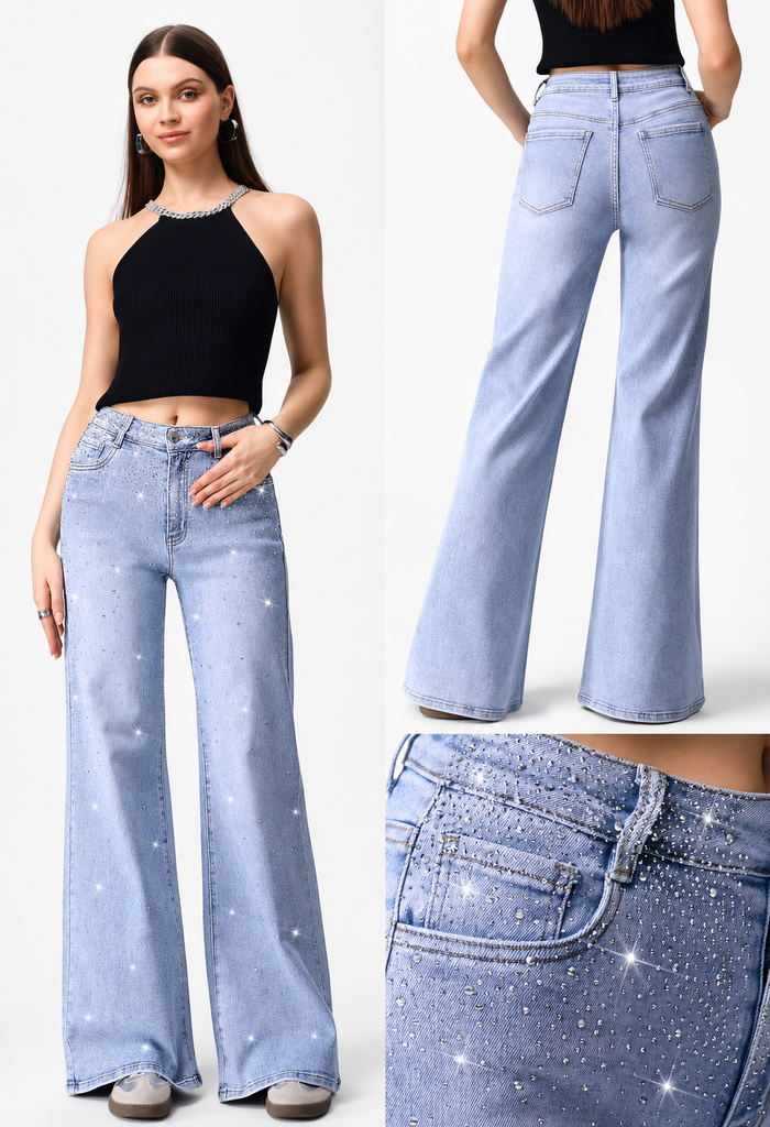 Light Wash Crystal Embellished Wide Leg Jeans - Born To Glam