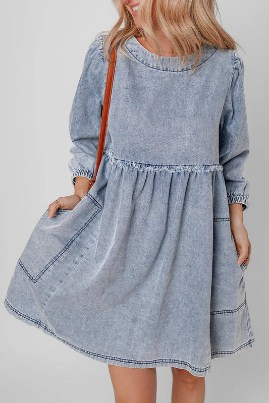 Beau Blue Light Wash High Waist Loose Fit Denim Mini Dress - BEAU BLUE / S / 82% COTTON + 10% POLYESTER + 8% VISCOSE