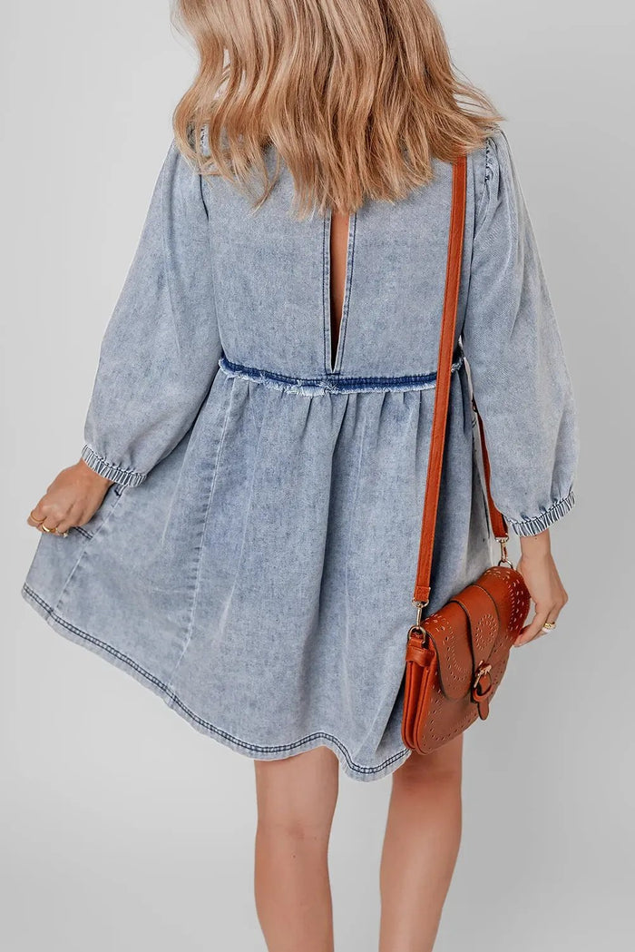 Beau Blue Light Wash High Waist Loose Fit Denim Mini Dress - Dresses/Mini Dresses