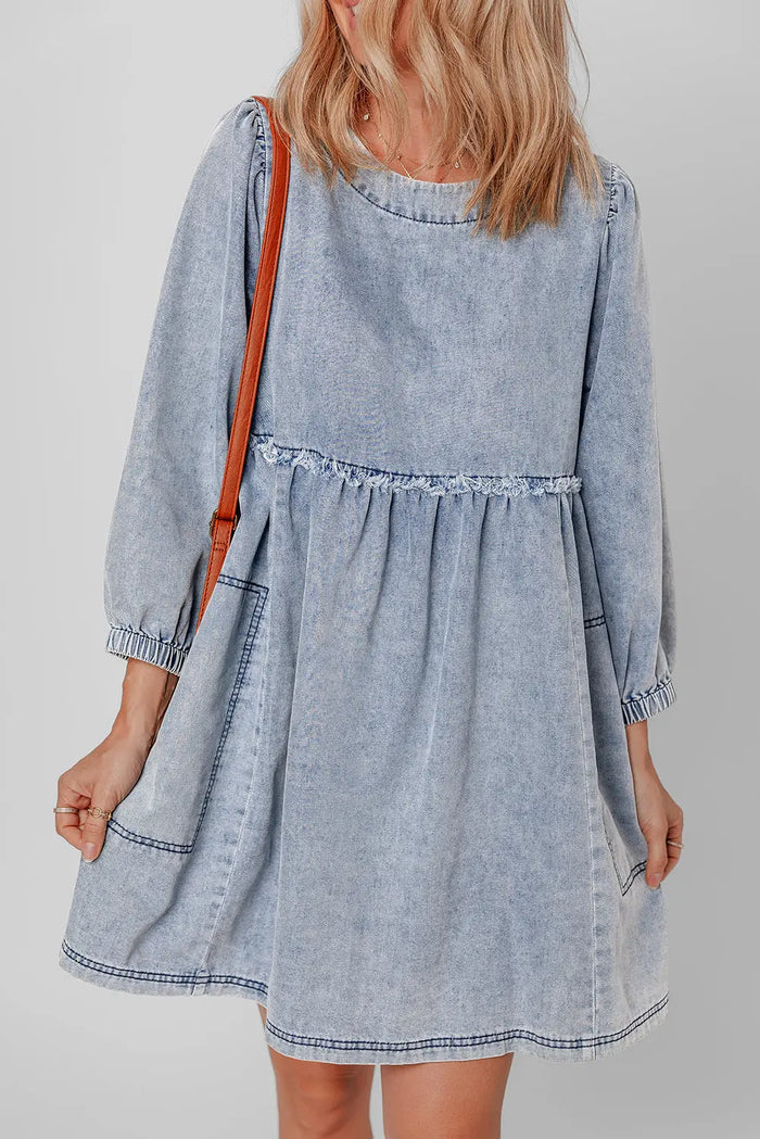 Beau Blue Light Wash High Waist Loose Fit Denim Mini Dress - Dresses/Mini Dresses