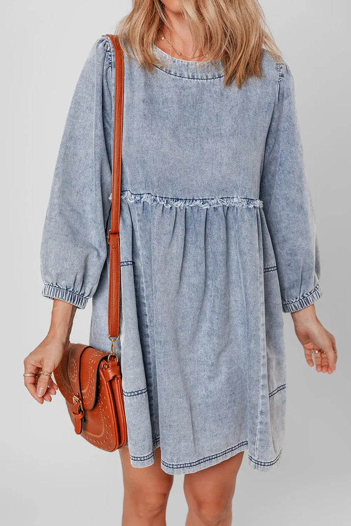 Beau Blue Light Wash High Waist Loose Fit Denim Mini Dress - Dresses/Mini Dresses