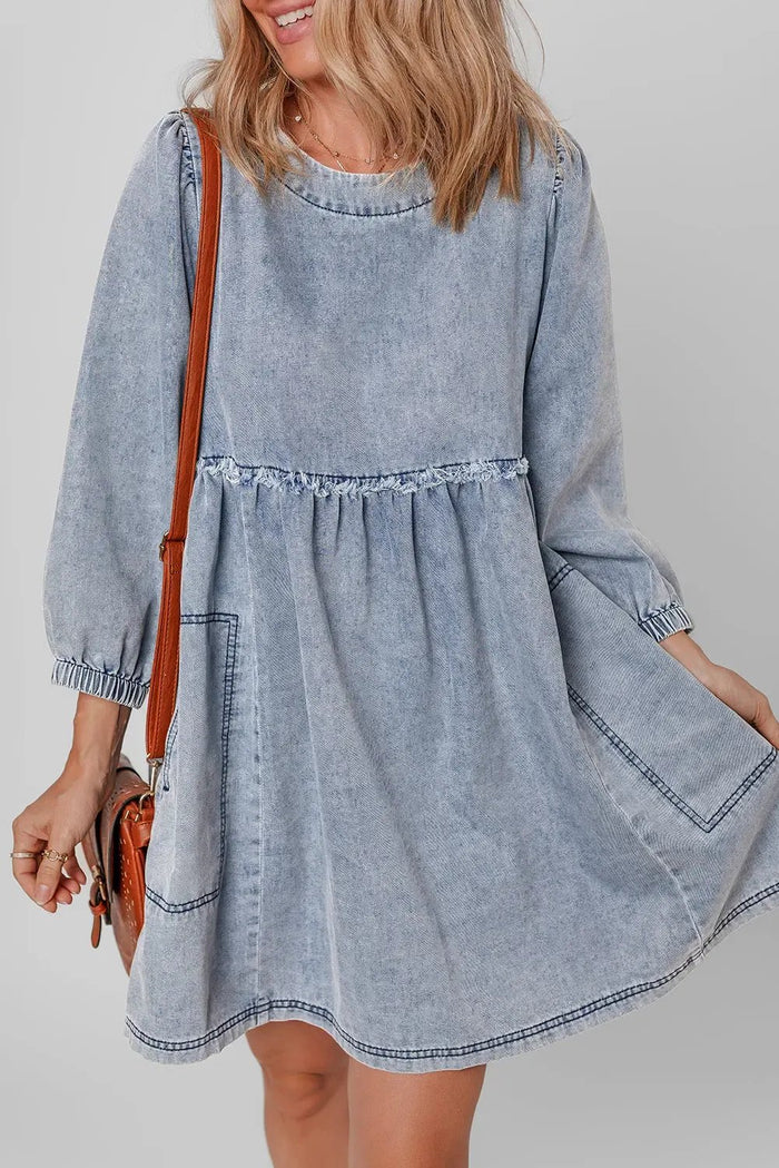 Beau Blue Light Wash High Waist Loose Fit Denim Mini Dress - Dresses/Mini Dresses