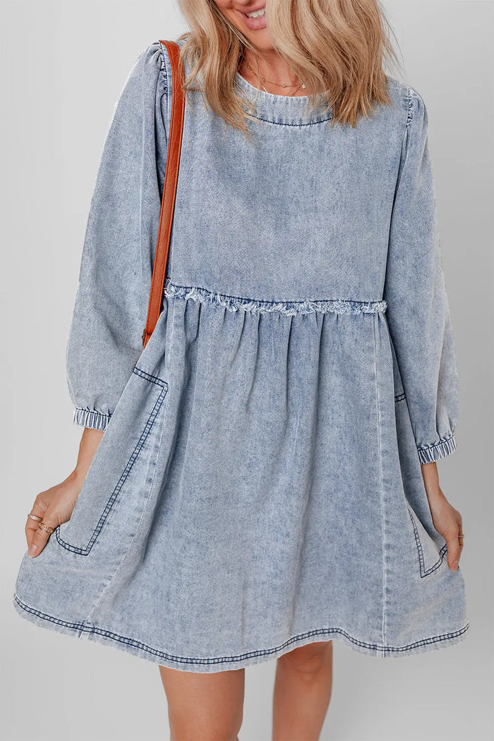 Beau Blue Light Wash High Waist Loose Fit Denim Mini Dress - Dresses/Mini Dresses