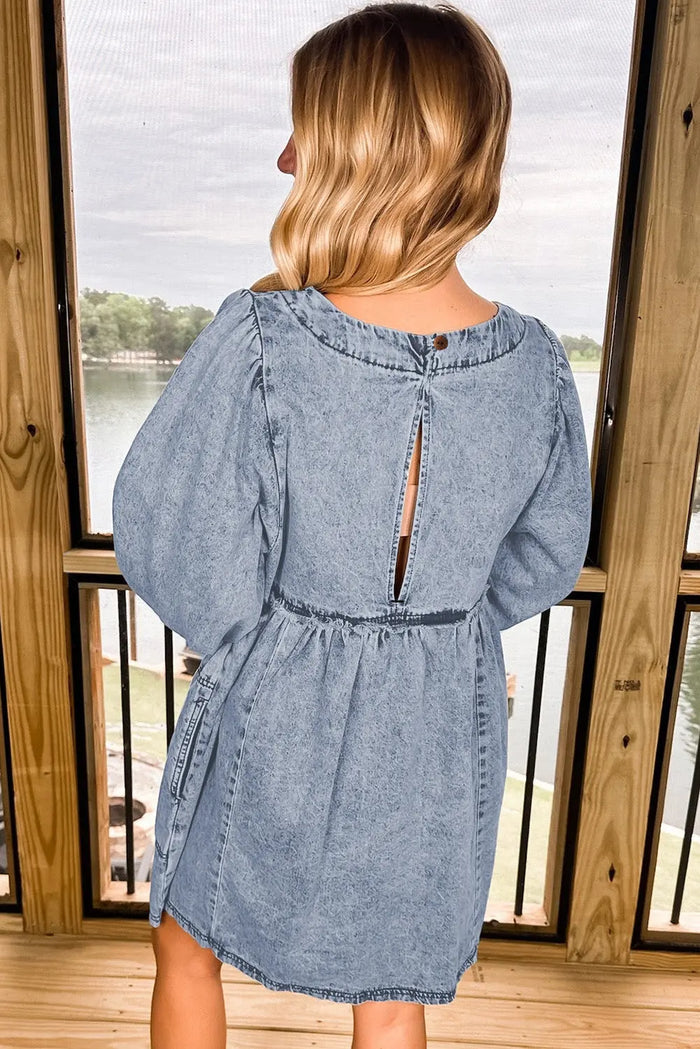 Beau Blue Light Wash High Waist Loose Fit Denim Mini Dress - Dresses/Mini Dresses